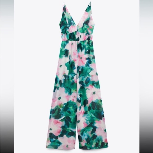 New Zara Floral Print Deep V-neck Flowy Wide Leg Jumpsuit - Picture 2 of 13